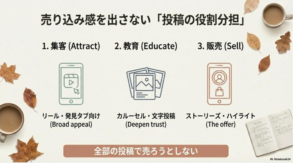 集客、教育、販売という3つの投稿役割（ファネル）を解説した図