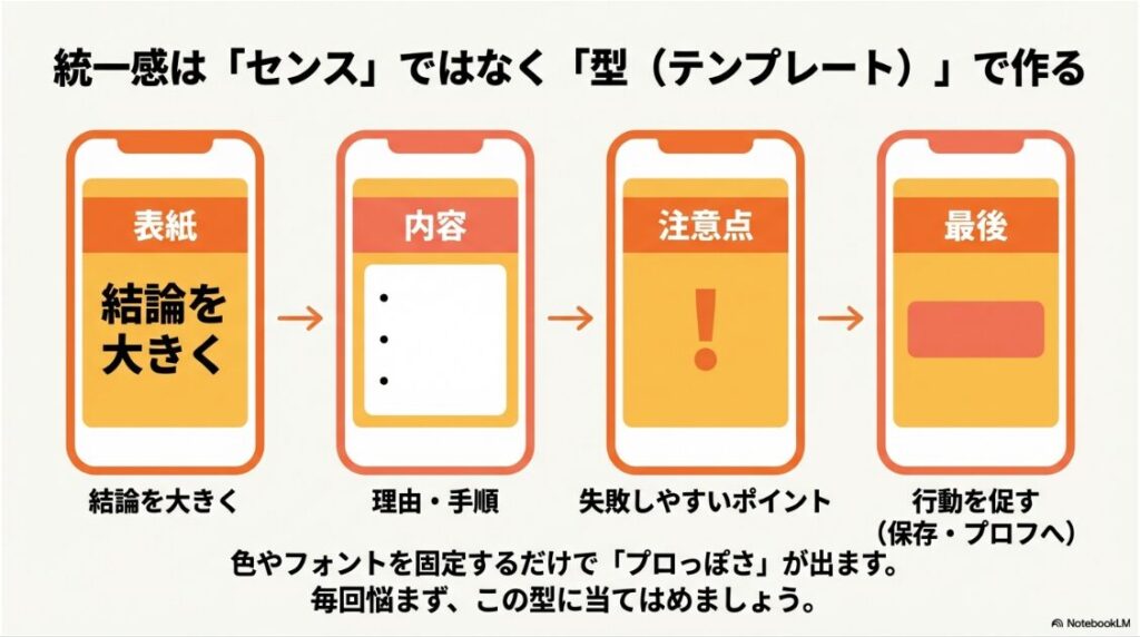 インスタの初心者あるあるを解決！図解：統一感を出しプロっぽく見せるためのフィード投稿の構成テンプレート（表紙・内容・まとめ・サンクスページ）