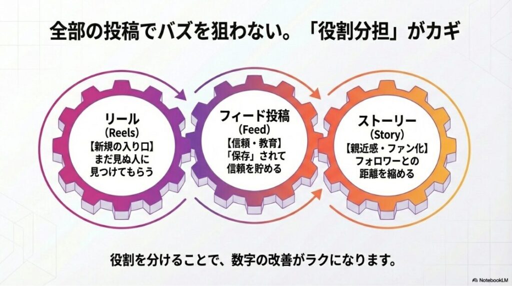 インスタ運用の始め方（初心者）インスタグラムのリール・フィード・ストーリーズそれぞれの役割分担と目的