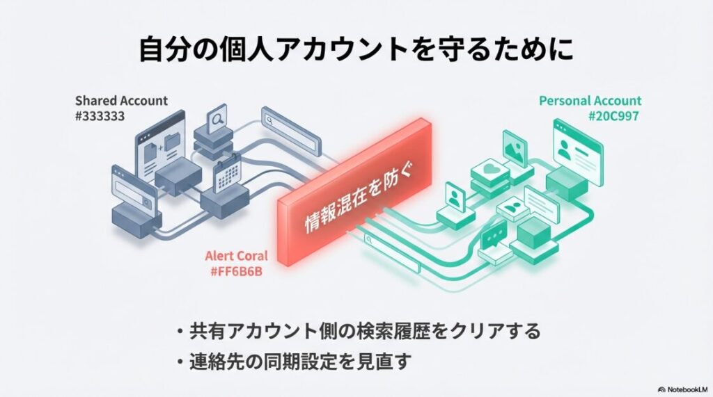 インスタで共有アカウントの抜け方は？ログアウトと削除法：インスタグラムの共有アカウント（グレー）と個人アカウント（緑）のデータ混在を防ぐイメージ図。検索履歴のクリアや連絡先同期の見直しを推奨。