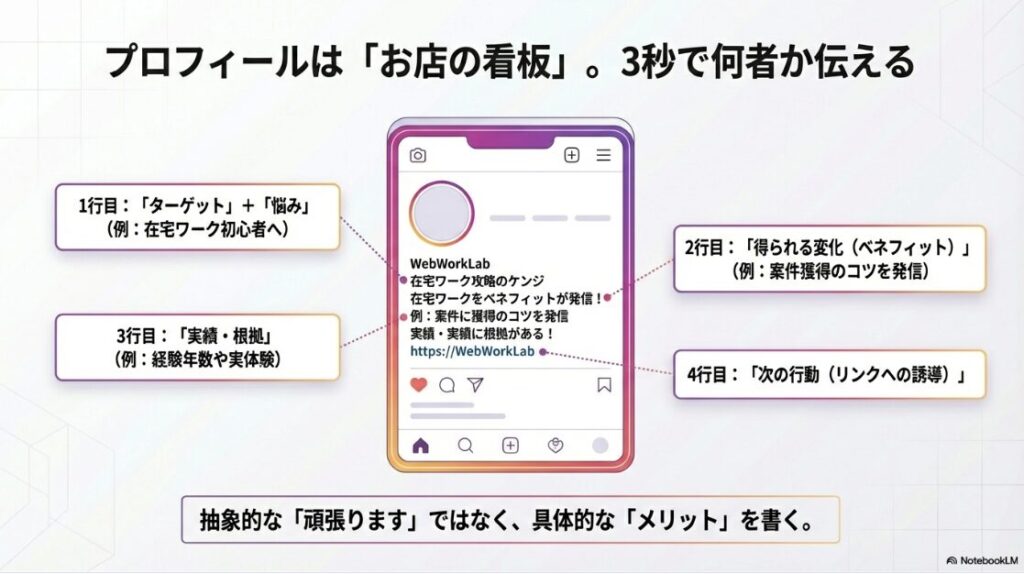 インスタ運用の始め方（初心者）クリックされるプロフィールの書き方と4行の構成（ターゲット・ベネフィット・実績・導線）