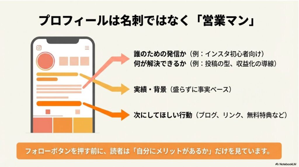 インスタの初心者あるあるを解決！図解：インスタのプロフィールを名刺ではなく「営業マン」にするための4つの必須要素と導線設計