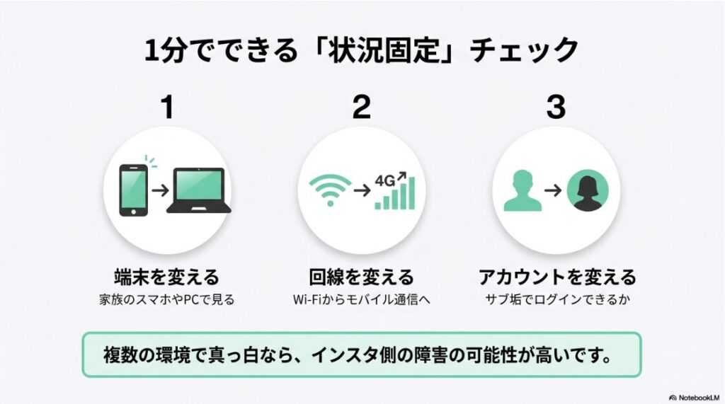 インスタが見れない？真っ白の原因：端末、回線、アカウントを変えてインスタの不具合を確認するチェックリスト