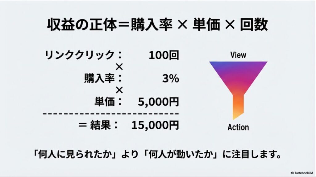Instagramの収益化を徹底解説！インスタで稼ぐやり方や条件：インスタグラム収益化の計算式（購入率×単価×回数）と閲覧から行動へのファネル図