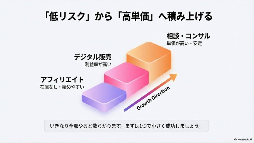 Instagramの収益化を徹底解説！インスタで稼ぐやり方や条件：低リスクから高単価へ収益源を順序よく積み上げていく成長ステップの図解