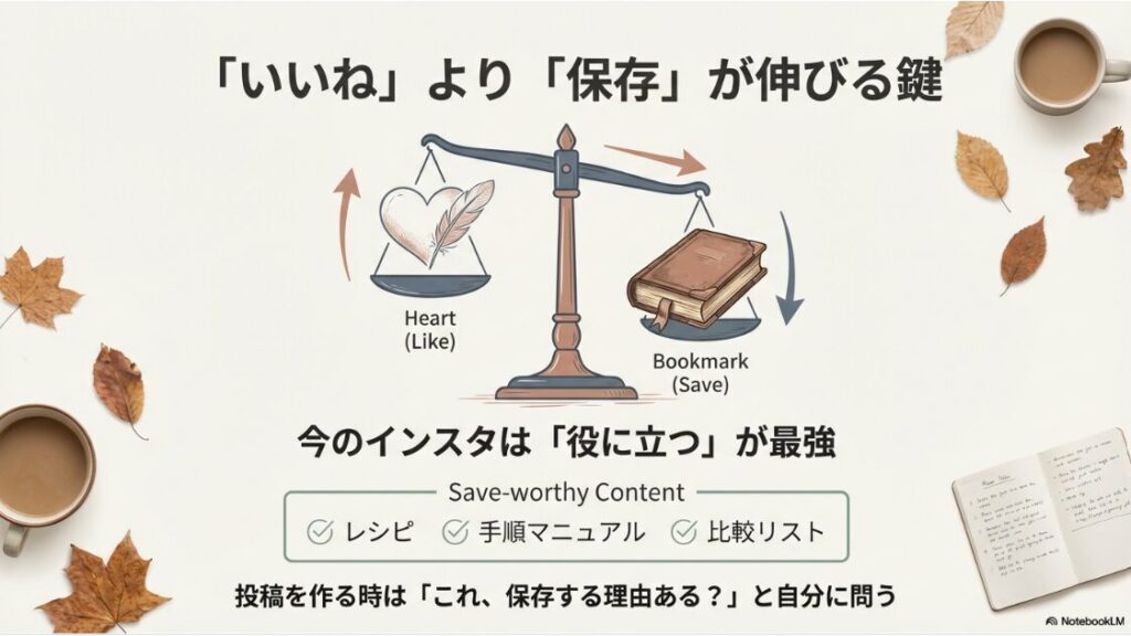 主婦がインスタで稼ぐ最短ロードマップ｜Instagramのアルゴリズムにおいて「いいね」より「保存」が重要であることを示す天秤のイラスト