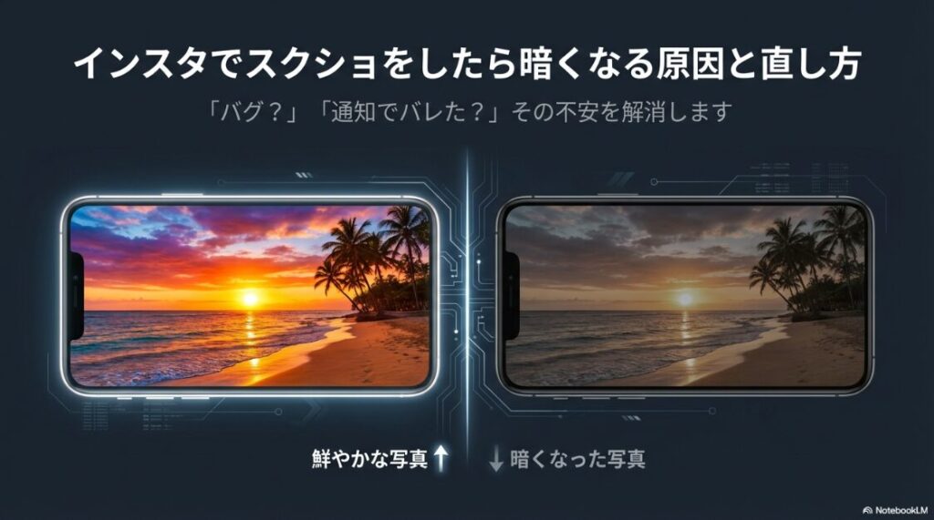 インスタでスクショをしたら暗くなる原因：Instagramでスクリーンショットを撮ると暗くなる現象の原因と解決策を解説したスライドのタイトル画像