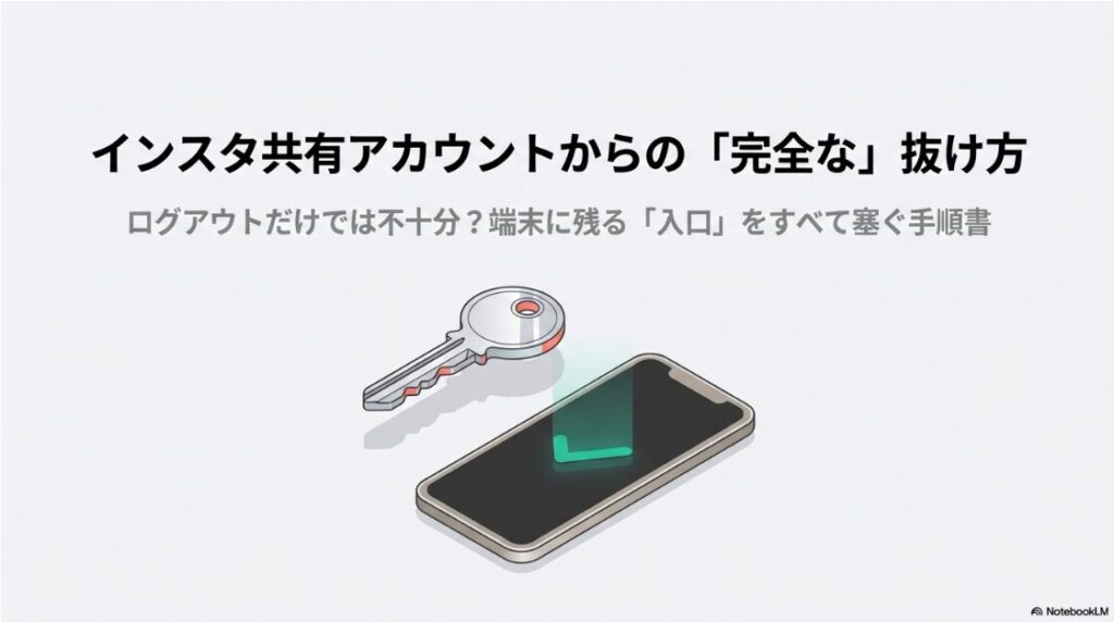 インスタで共有アカウントの抜け方は？ログアウトと削除法：スマホと鍵のイラスト。インスタグラムの共有アカウントからログアウトするだけでなく、完全に離脱する手順を解説するイメージ図。