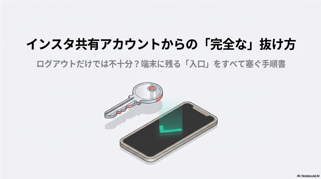 インスタで共有アカウントの抜け方は？ログアウトと削除法：スマホと鍵のイラスト。インスタグラムの共有アカウントからログアウトするだけでなく、完全に離脱する手順を解説するイメージ図。
