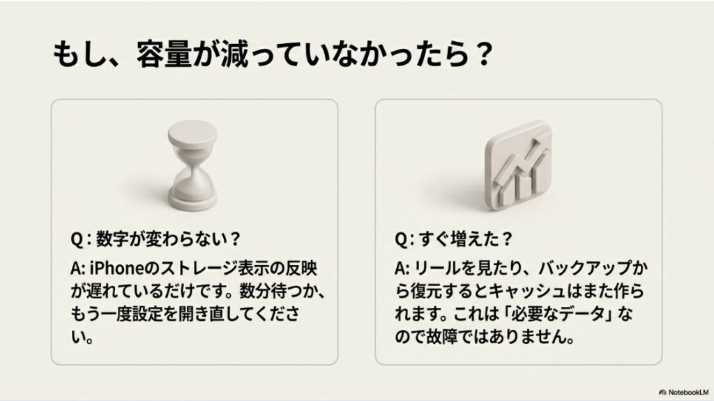 インスタの書類とデータを削除で容量激減!よくある質問への回答画像。数字が変わらないのは反映遅れ、すぐ増えるのはリール閲覧によるキャッシュ再生成であることの説明。
