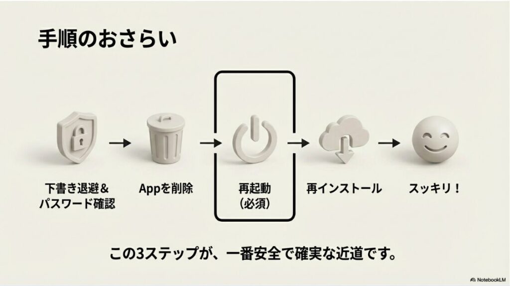 インスタの書類とデータを削除で容量激減!5つのアイコンによる手順フローチャート。下書き退避&パスワード確認→Appを削除→再起動(必須)→再インストール→スッキリ完了までの流れ。