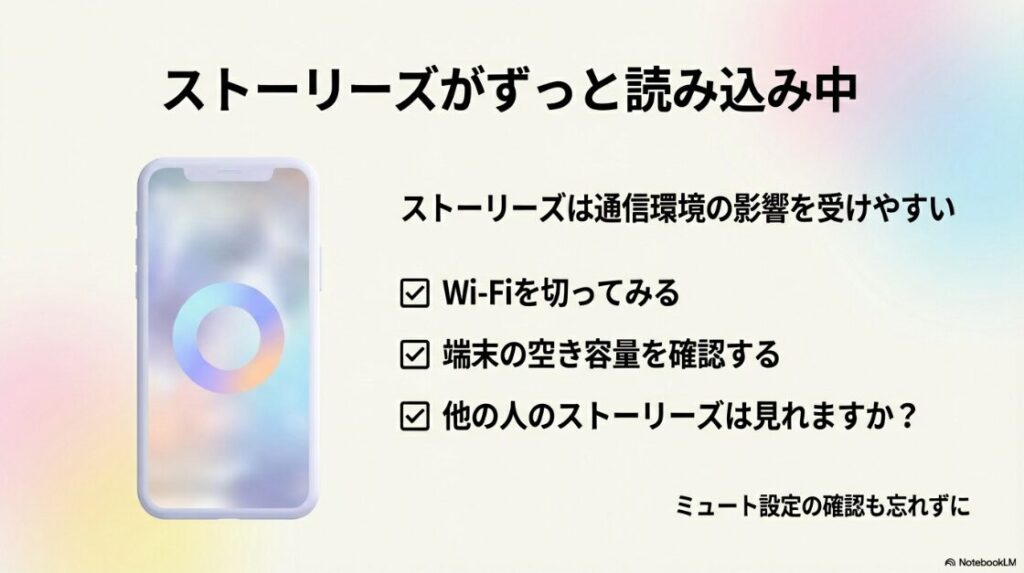 インスタで読み込み中はブロック？Instagramのストーリーがずっと読み込み中の場合の対策。Wi-Fiの切り替え、端末の空き容量確認、他人のストーリーが見れるかの確認リスト。