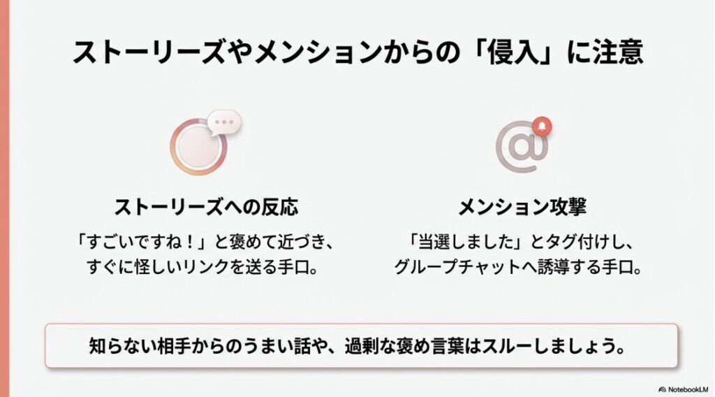 ストーリーズへの反応やメンション通知をきっかけに、怪しいリンクやグループチャットへ誘導するスパムの手口と対策