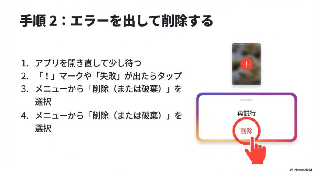 インスタでストーリーのアップロードができない？消す最短手順：Step2：アプリを開き直し、赤いビックリマークや失敗表示をタップしてメニューから削除を選択する