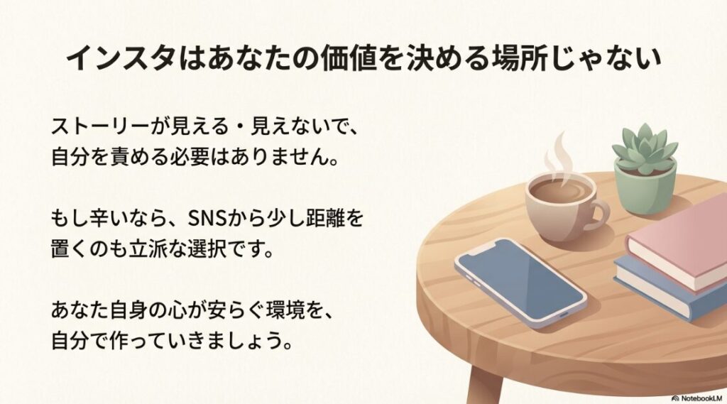 インスタのストーリーを見れないようにされてる原因：インスタグラムのストーリーが見えなくても自分を責める必要はないという、読者を励ますメッセージ画像。