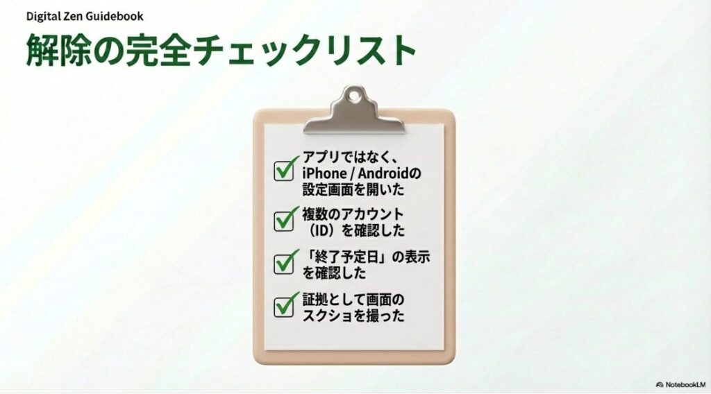 インスタのサブスク解除方法を完全解説｜設定画面を開く、複数アカウント確認、終了予定日確認、スクショ保存の4項目を確認するチェックリスト。
