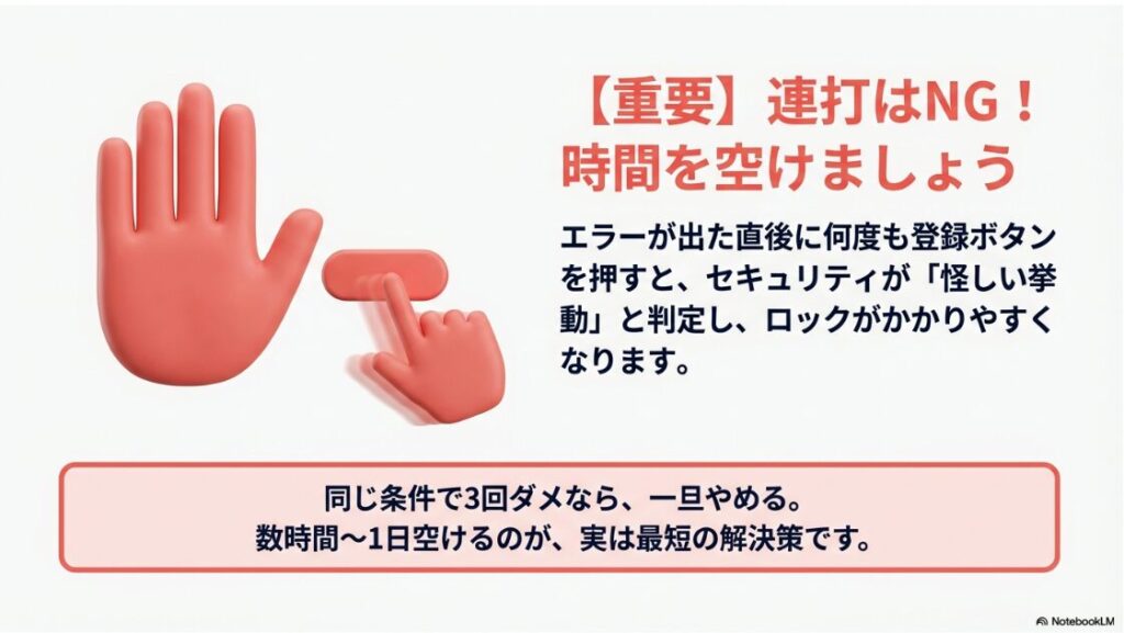 インスタのサブスクが待機リストになるのはなぜ？登録ボタンを連打するとセキュリティロックがかかるため、エラー後は数時間から1日空けることが最短の解決策であるという注意喚起