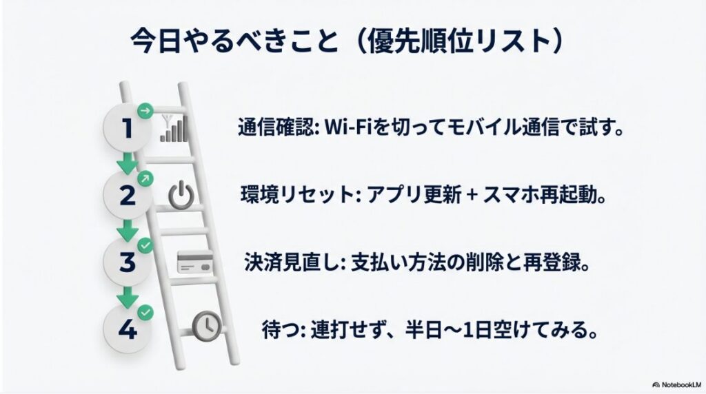インスタのサブスクが待機リストになるのはなぜ？1.通信確認、2.環境リセット、3.決済見直し、4.待つ、という順番で行うべきサブスク登録トラブル解決の優先順位リスト 9. 待機リストとキャンセルの違い