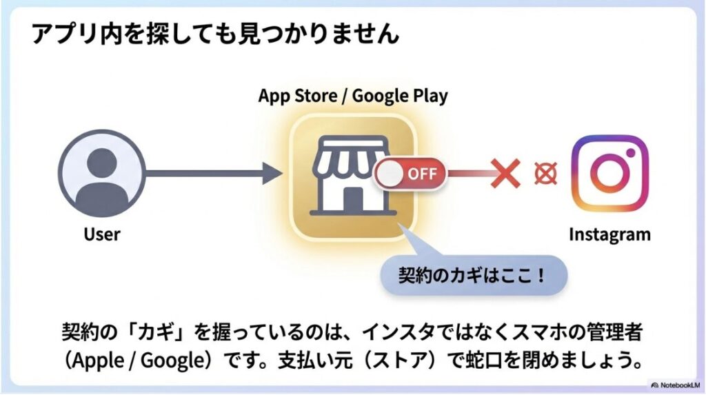 インスタのサブスク解除方法を完全解説｜インスタグラムアプリ内ではなく、AppleやGoogleのストア管理画面で契約解除を行う必要があることを示す図解。