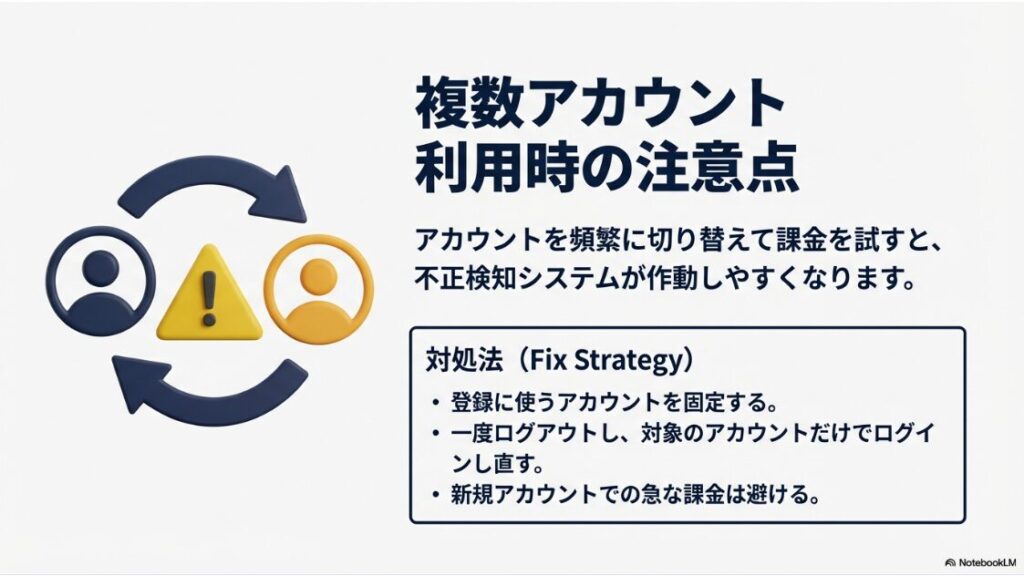 インスタのサブスクが待機リストになるのはなぜ？アカウント切り替えによる課金試行が不正検知されやすいリスクと、アカウントを固定して登録するなどの対処法