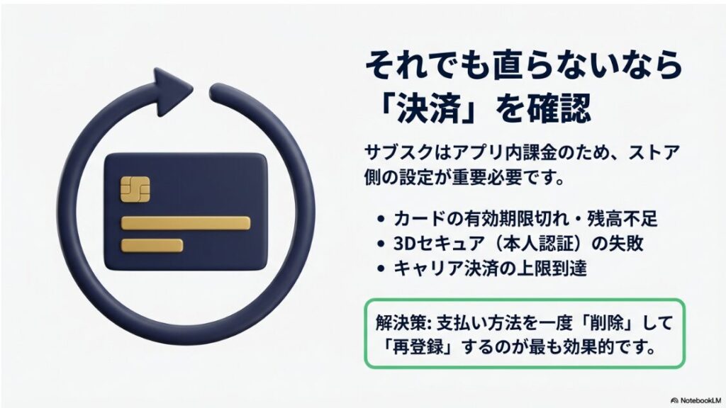 インスタのサブスクが待機リストになるのはなぜ？クレジットカードの有効期限切れや3Dセキュア失敗など、決済エラーの原因と、支払い方法の再登録による解決策