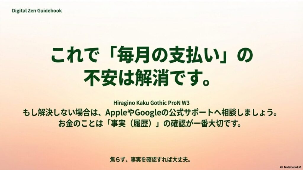 インスタのサブスク解除方法を完全解説｜お金のことは履歴という事実を確認すれば大丈夫であり、解決しない場合はAppleやGoogleの公式サポートへ相談することを勧めるスライド。