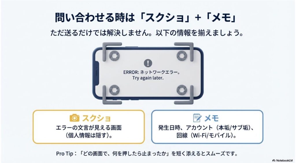 エラー画面のスクリーンショットに加えて、発生日時や回線状況などのメモを添えることで解決が早くなる問い合わせのコツ