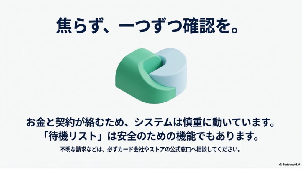 インスタのサブスクが待機リストになるのはなぜ？待機リストは安全のための機能でもあり、焦らず確認すること、不明な請求は公式窓口へ相談することを促すまとめのメッセージ