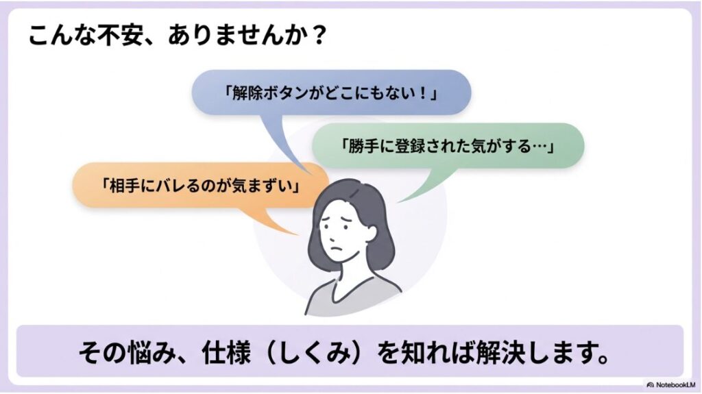 インスタのサブスク解除方法を完全解説｜インスタのサブスク解除ボタンが見つからない、勝手に登録された気がする、相手にバレるのが怖いといった不安を抱える女性のイラスト。