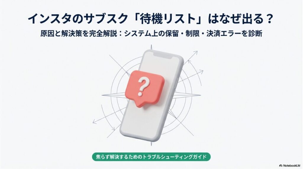 インスタのサブスクが待機リストになるのはなぜ？インスタのサブスク待機リストが出る原因と解決策、システム上の保留や決済エラーの診断について解説したスライド資料の表紙