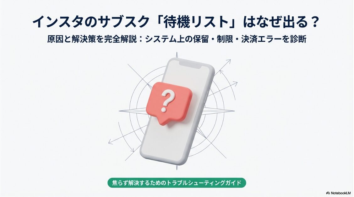 インスタのサブスクが待機リストになるのはなぜ？インスタのサブスク待機リストが出る原因と解決策、システム上の保留や決済エラーの診断について解説したスライド資料の表紙