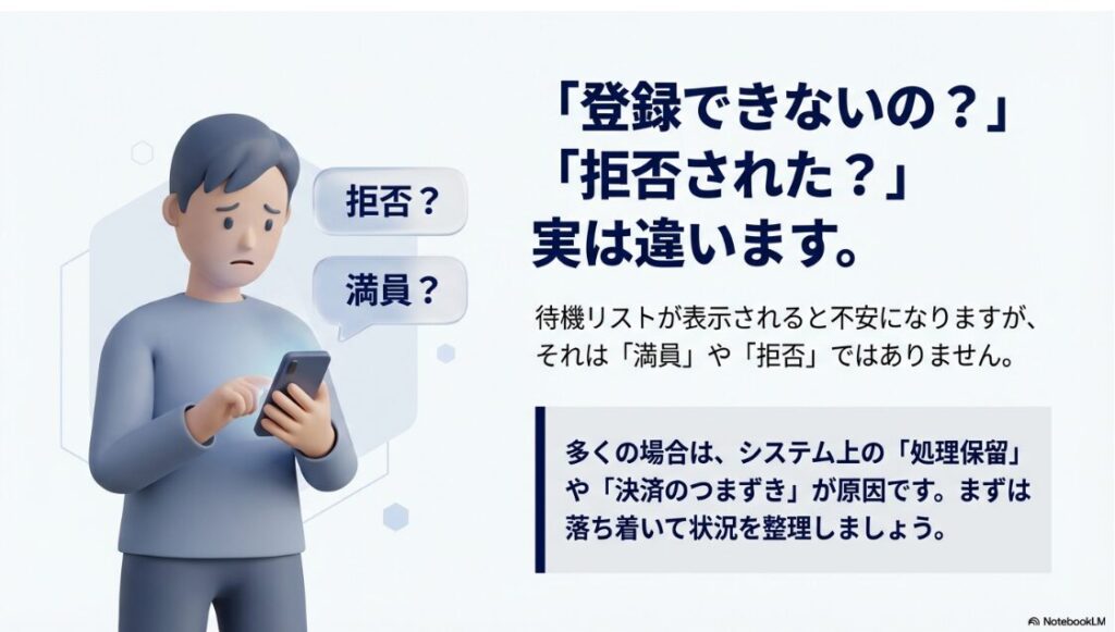 インスタのサブスクが待機リストになるのはなぜ？Instagramのサブスクリプションで待機リストが表示される原因は、満員や拒否ではなくシステム上の処理保留であることを解説した図解