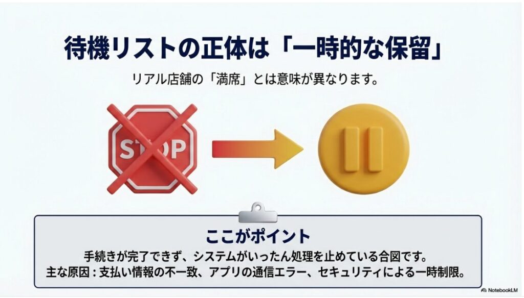 インスタのサブスクが待機リストになるのはなぜ？インスタの待機リストはリアル店舗の満席とは異なり、支払い情報の不一致や通信エラーなどによりシステムがいったん処理を止めている「一時的な保留」であることを解説した図