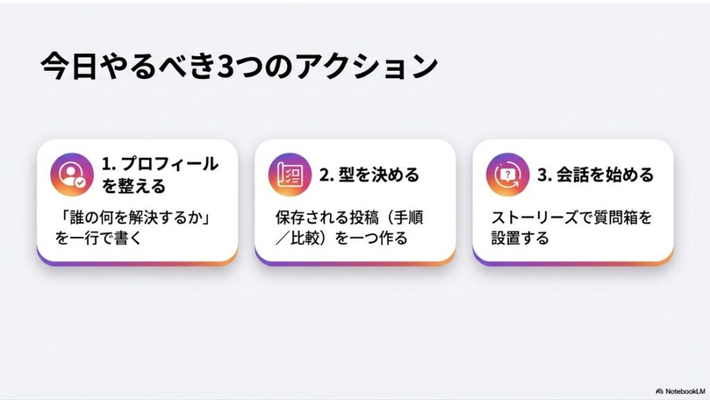Instagramの収益化を徹底解説！インスタで稼ぐやり方や条件：すぐに実行できる3つのアクション（プロフィールの整備・型の決定・会話の開始）のチェックリスト