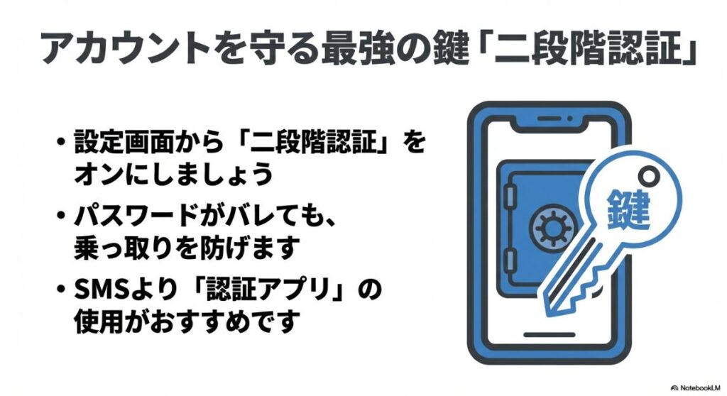 インスタのビジネスチャットが怪しい?スマホと金庫の鍵のイラスト、二段階認証の設定を推奨する図