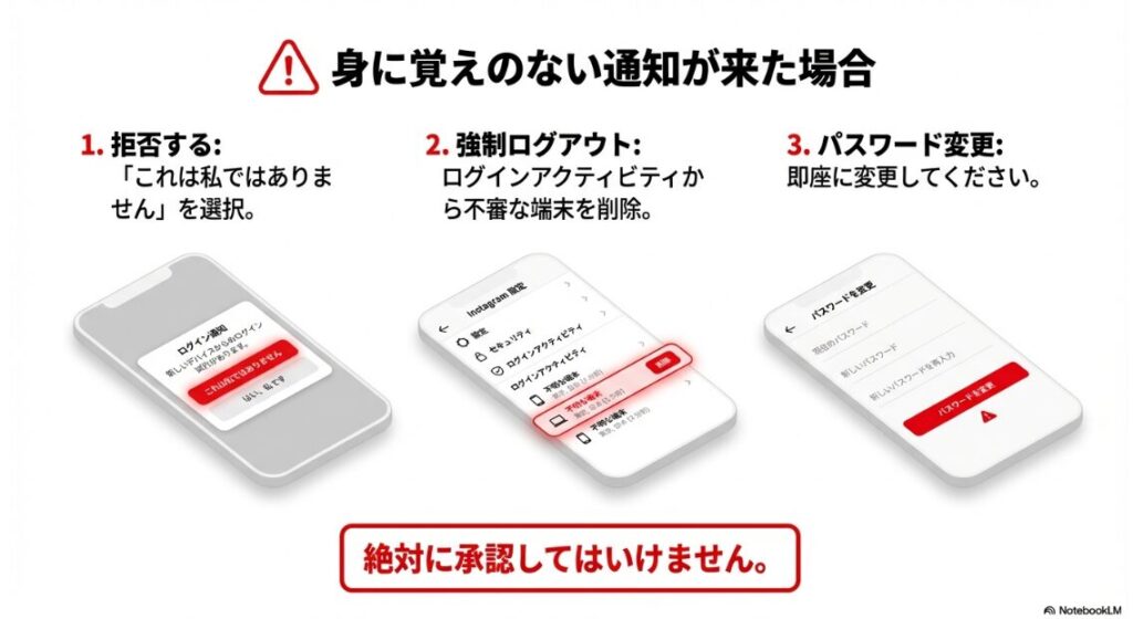 インスタで別のデバイスでお知らせを確認してくださいはどこ?インスタグラムで身に覚えのないログイン通知が来た時の対処法(拒否、強制ログアウト、パスワード変更)