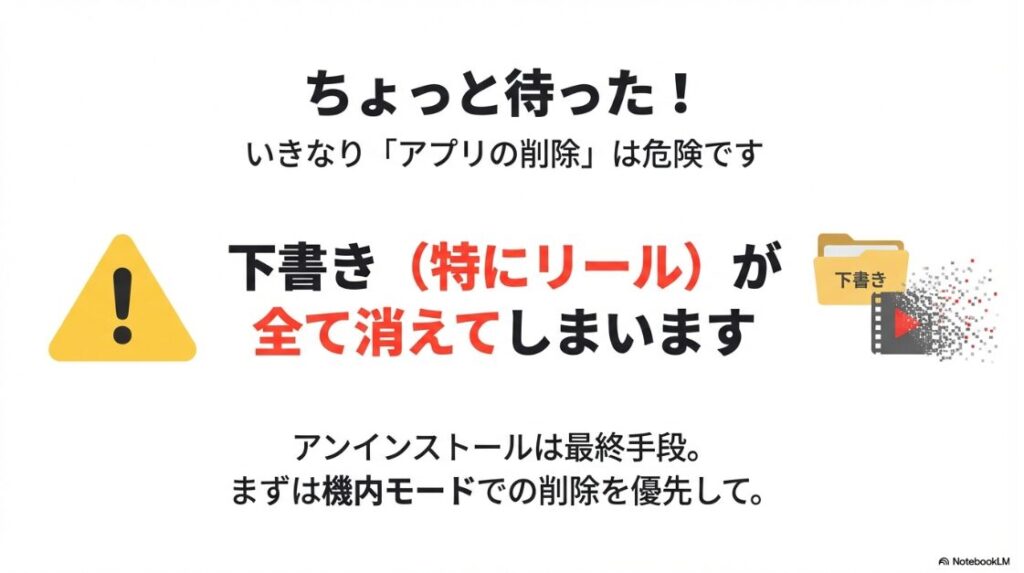インスタでストーリーのアップロードができない？消す最短手順：重要：いきなりアプリを削除するとリールなどの下書きが全て消えてしまうため、まずは機内モードでの削除を優先する