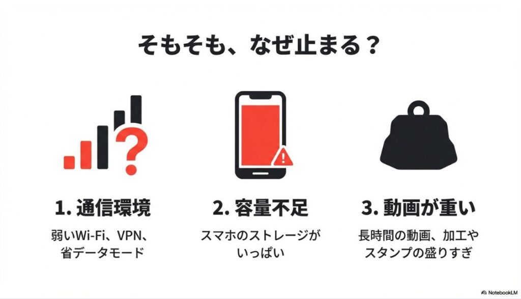 インスタでストーリーのアップロードができない？消す最短手順：通信環境の悪さ、スマホの容量不足、動画の加工過多によるデータ容量オーバーが主な原因