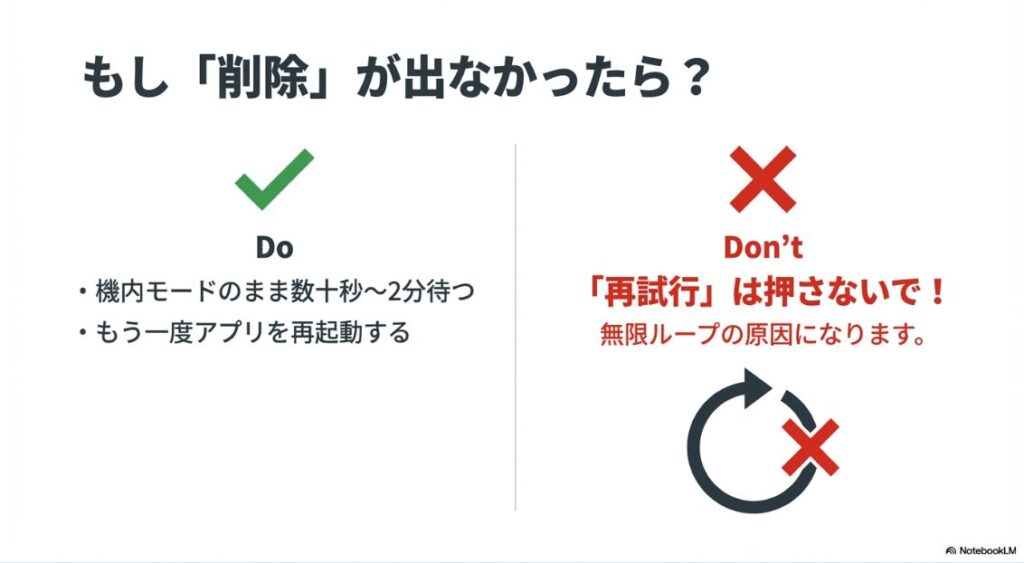 インスタでストーリーのアップロードができない？消す最短手順：削除ボタンが出ない時は機内モードのまま待機する。再試行ボタンは無限ループの原因になるため押さないこと。