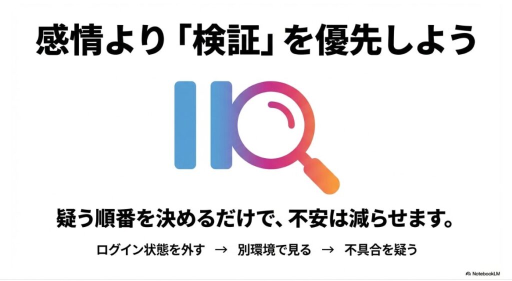 インスタでユーザーが見つかりませんでしたと表示の原因：「ユーザーが見つかりませんでした」の原因確認において、感情よりも事実確認（IQ）を優先し、ログイン状態を外して検証することを推奨する図