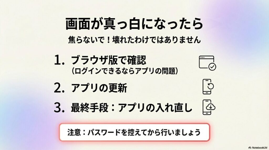 インスタで読み込み中はブロック？Instagramの画面が真っ白になった時の対処法。1.ブラウザ版で確認、2.アプリ更新、3.アプリ入れ直しの3ステップ解説。