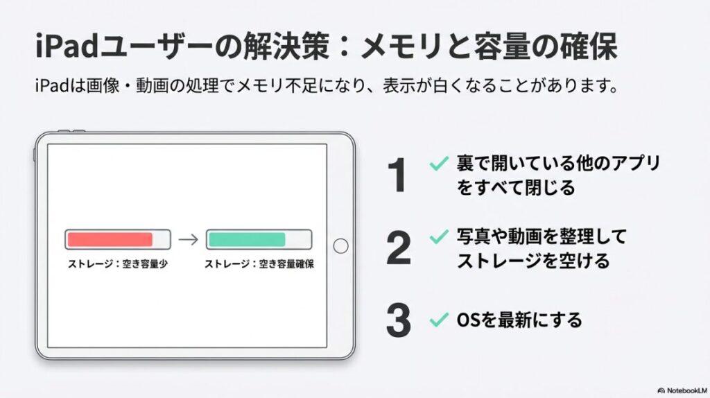インスタが見れない？真っ白の原因：iPadのストレージ容量確保とバックグラウンドアプリ終了によるメモリ対策