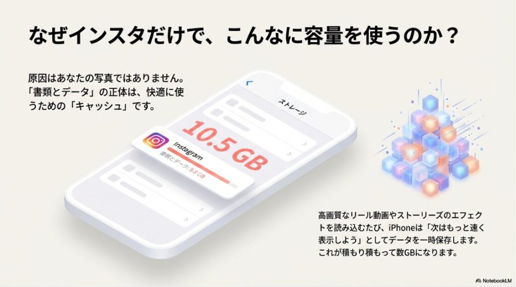 インスタの書類とデータを削除で容量激減!iPhoneのストレージ画面の図解。Instagramの容量10.5GBのうち、書類とデータが9.8GBを占めている様子。高画質なリールやエフェクト読み込みによるキャッシュの蓄積が原因であるという説明。