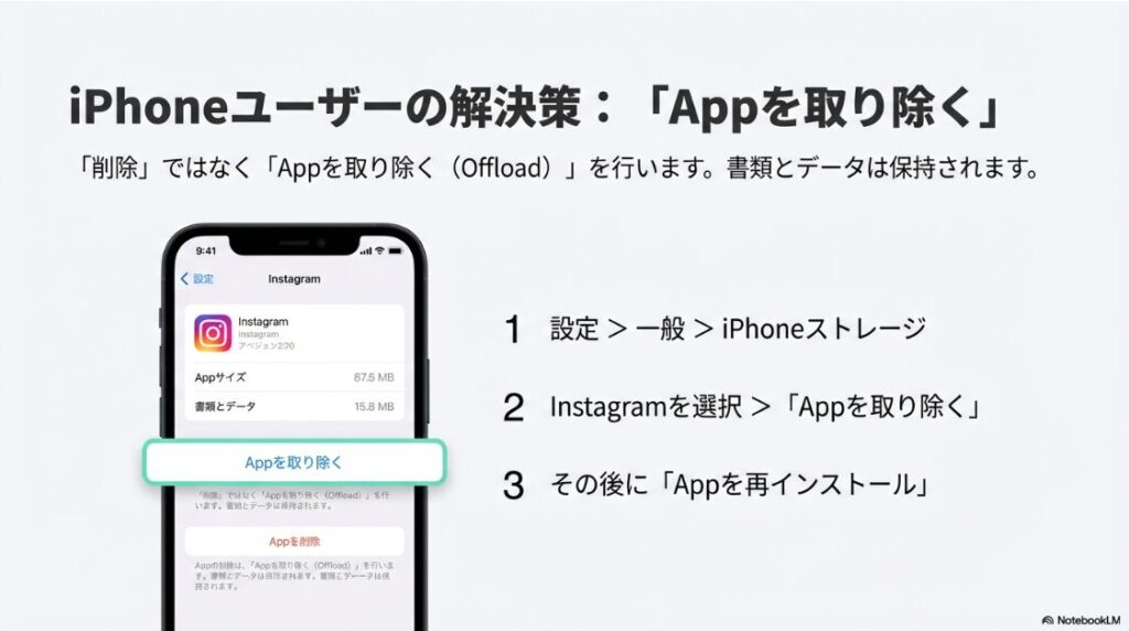 インスタが見れない？真っ白の原因：iPhoneの設定からInstagramのAppを取り除く（Offload）を行う手順の解説図