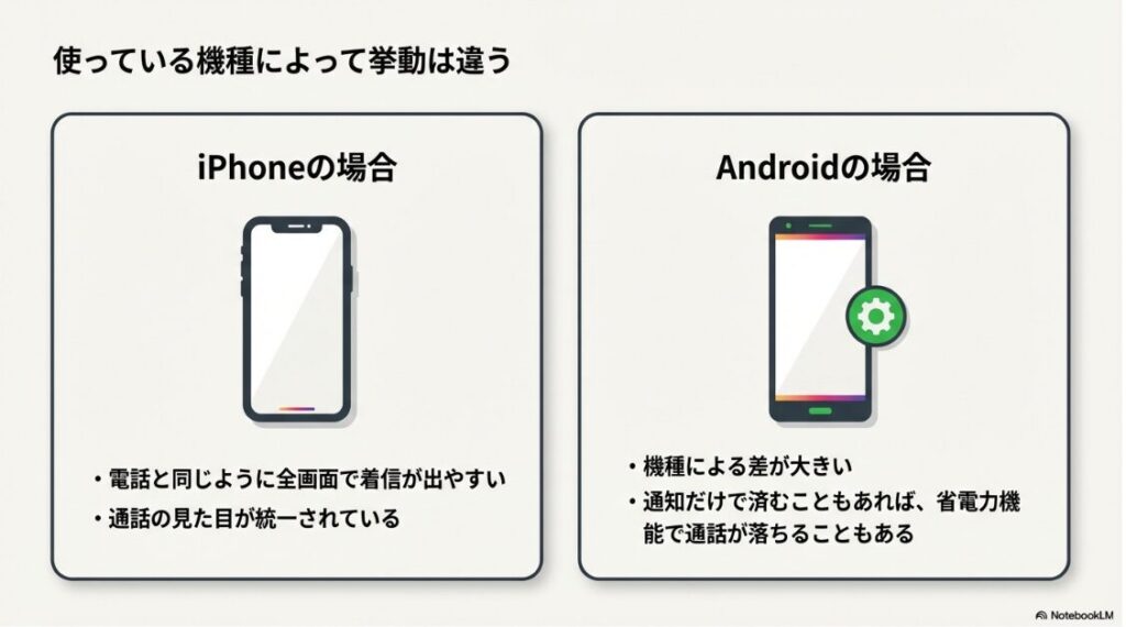 インスタで電話中にLINE電話は出れる？iPhoneとAndroidそれぞれの着信画面や設定の違いを示すイラスト。機種による挙動差を解説。
