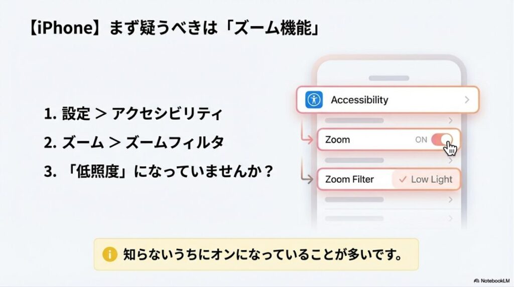 インスタでスクショをしたら暗くなる原因：iPhoneのアクセシビリティ設定でズーム機能と低照度フィルタがオンになっていないか確認する手順の画面解説