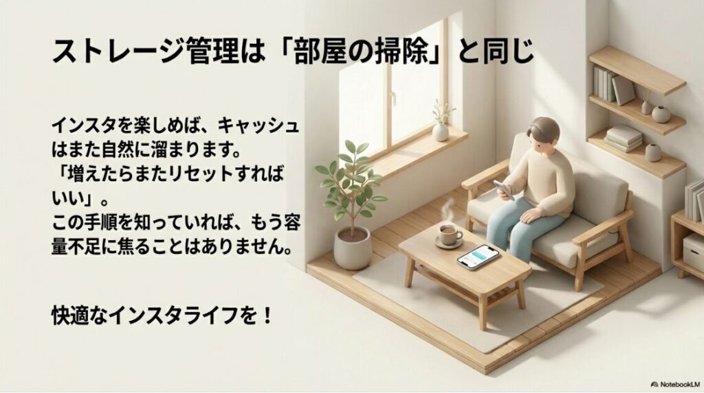 インスタの書類とデータを削除で容量激減!増えたらまたリセットすればいいというポジティブなメッセージ。「快適なインスタライフを!」というテキストと共に、スッキリした表情のアイコン。