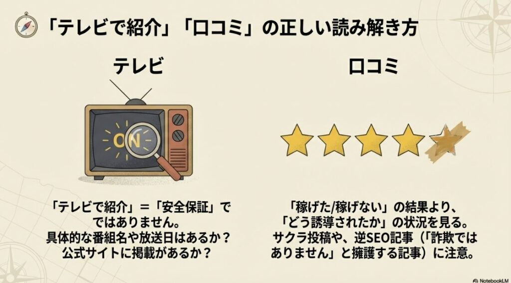 テレビで紹介されたという言葉やネットの口コミを鵜呑みにせず、事実確認を行うための注意点。
