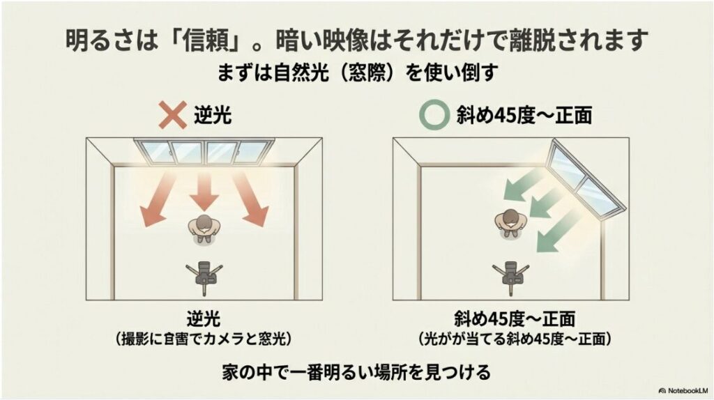 インスタをゼロから始める準備グッズ完全版｜窓際での撮影における逆光（NG）と斜め45度からの光（OK）の配置図
