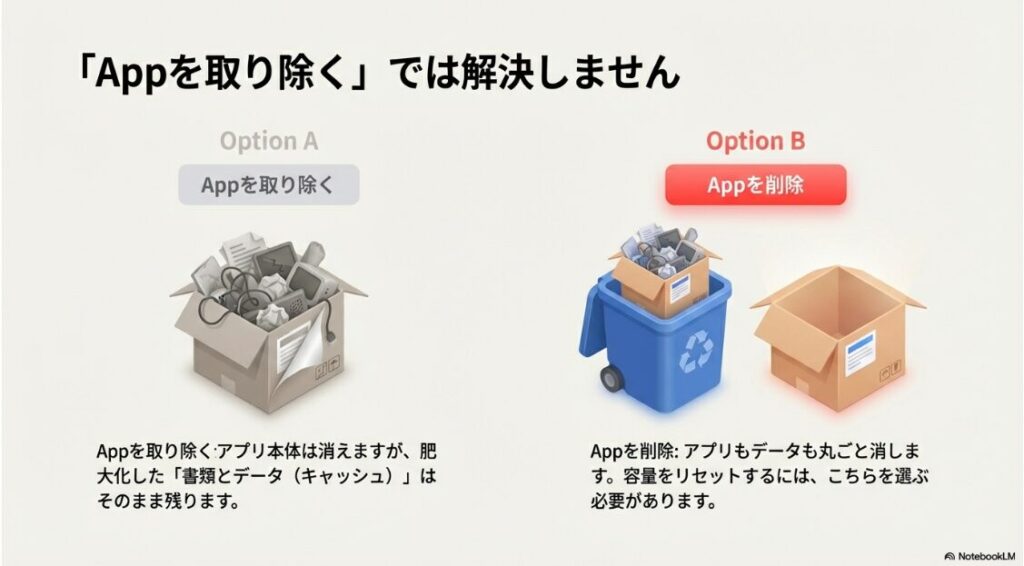 インスタの書類とデータを削除で容量激減!箱とゴミ箱のイラストによる比較。Option A「Appを取り除く」は書類とデータ(ゴミ)が残るが、Option B「Appを削除」はアプリもデータも丸ごと消してリセットできることを示している。